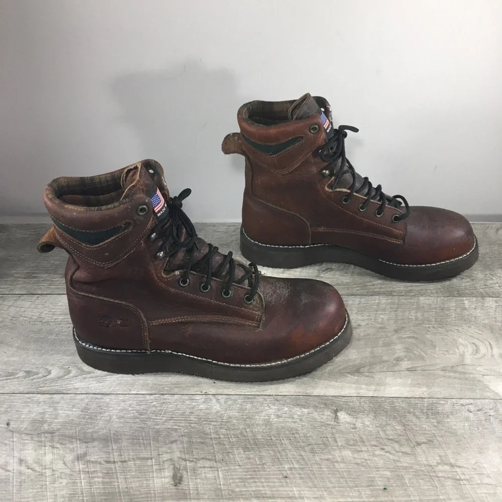 Men's Field N Forest Brown Leather Work Soft Toe Waterproof Wedge Boots Size 9